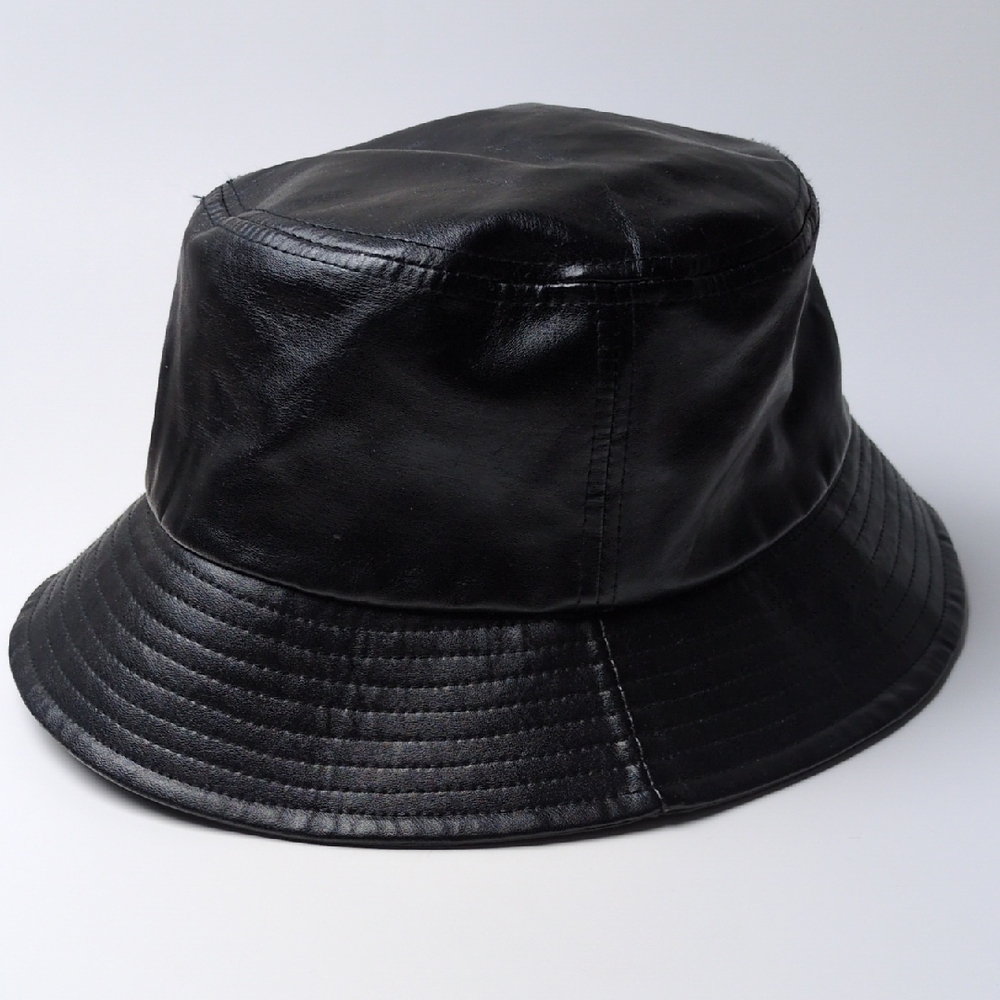 Black Vegan Leather Bucket Hat Adult One Size - Picture 13 of 14